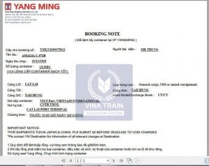 Mâu booking note từ hãng tàu Yanming