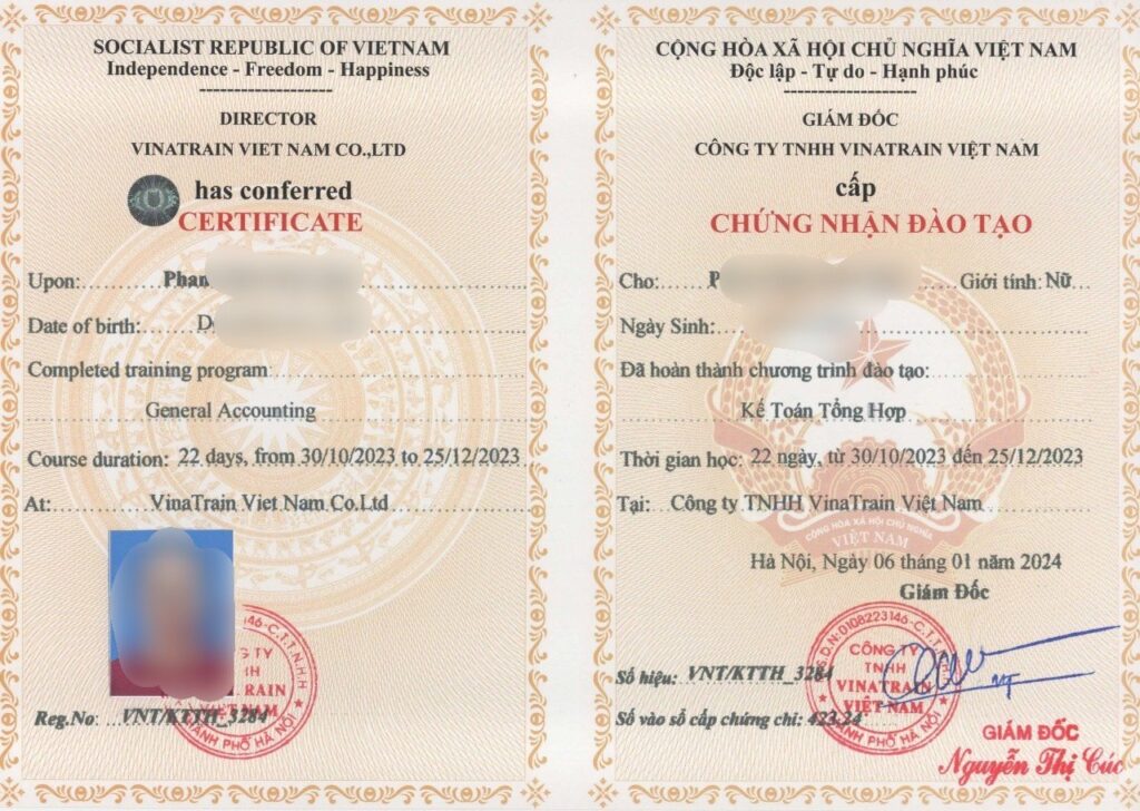 Mẫu form chứng chỉ do trung tâm VinaTrain cấp