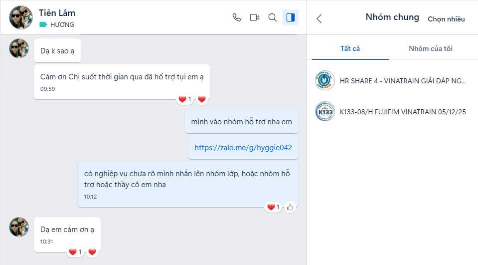 Học viên gửi lời cảm ơn tới đội ngũ tư vấn viên của Vinatrain